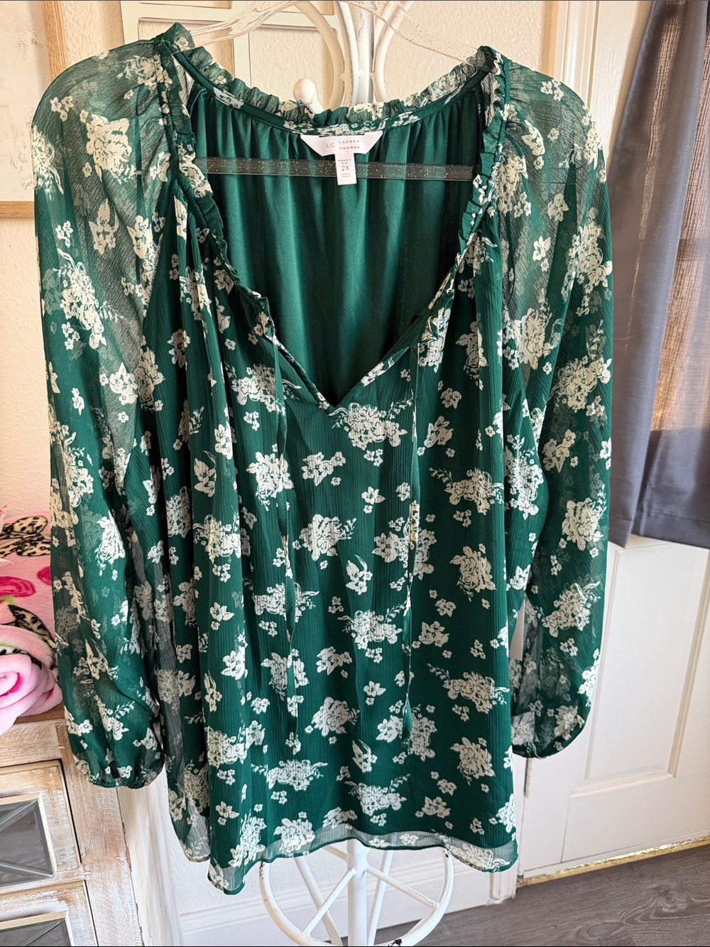 LC Lauren Conrad Emerald Green Floral V-Neck Long Sleeve Blouse Dress